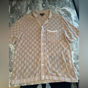 Tan Casual Button Down Shirt with Checkered Pattern